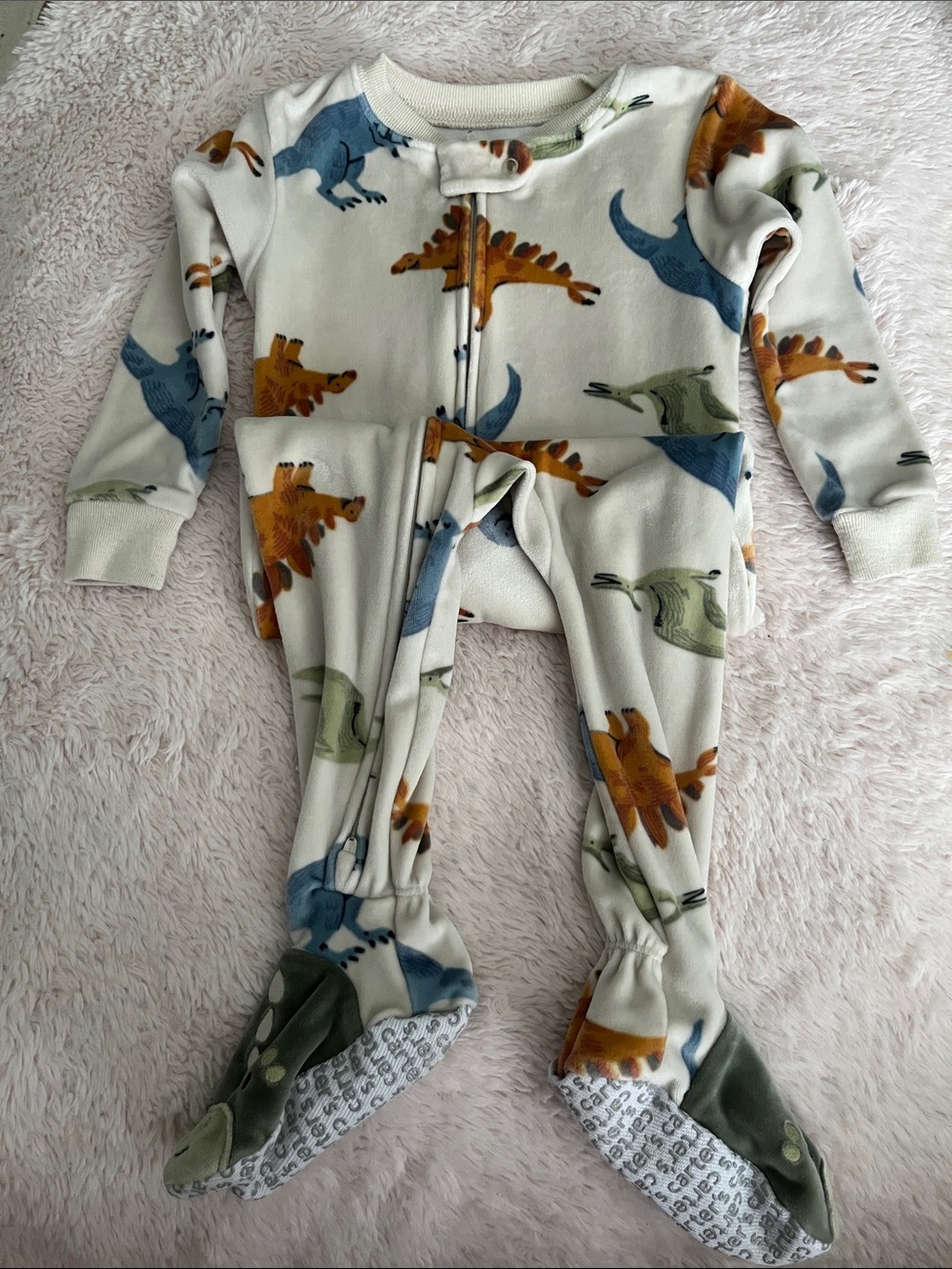 Cream Dino-Print Fleece Footed One-Piece for Kids